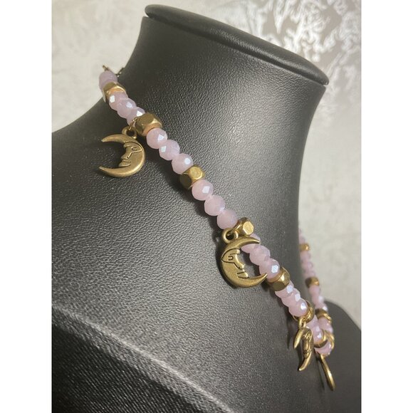 Purple Beaded Moon Charm Necklace With Gold Accents & Lobster Clasp - Picture 3 of 4